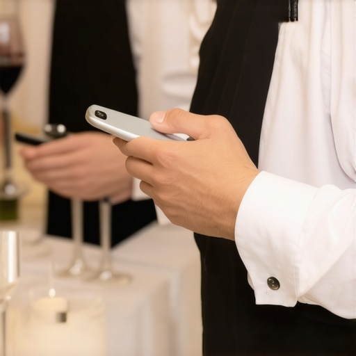 Catering staff utilizing digital devices and efficient tools during a wedding event.