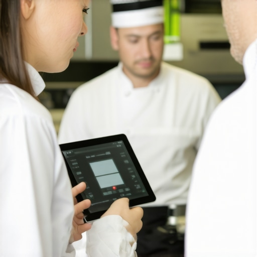 Catering Team Using Modern Management Tools Catering staff coordinating with digital devices in a contemporary kitchen