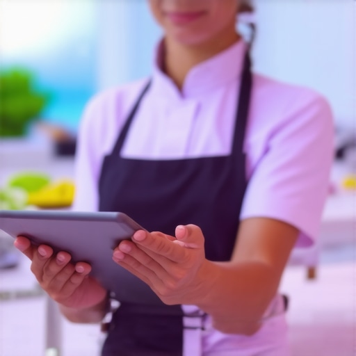 Professional catering staff coordinating with digital tablet during event