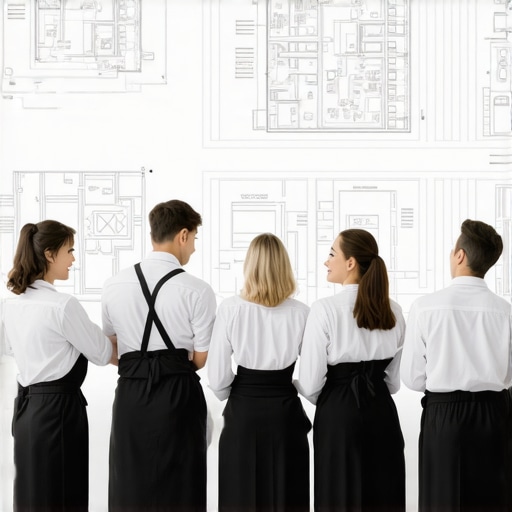 Catering team planning logistics with venue layout map Catering team evaluating event venue map for logistics and setup
