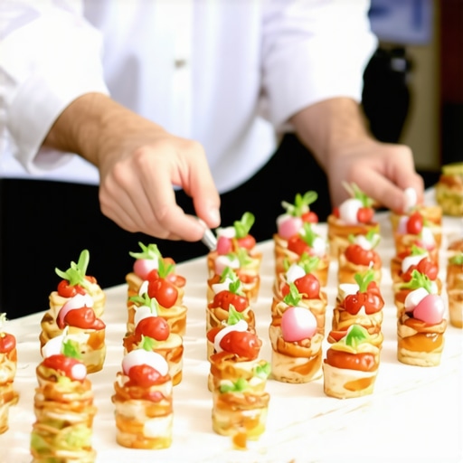 Catering staff elegantly presenting colorful, non-staining finger foods at a wedding