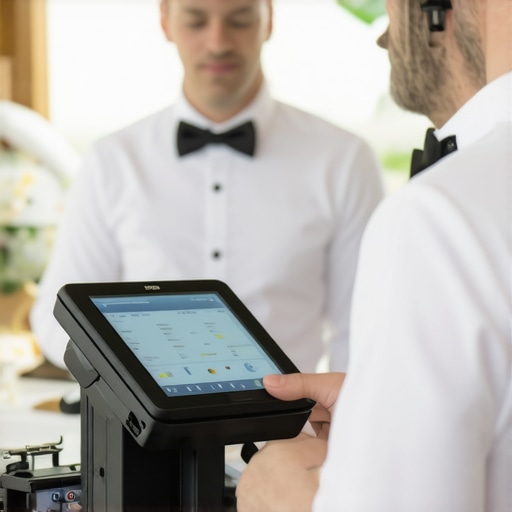 Catering team utilizing digital POS during event Catering staff managing orders with touchscreen POS at a wedding