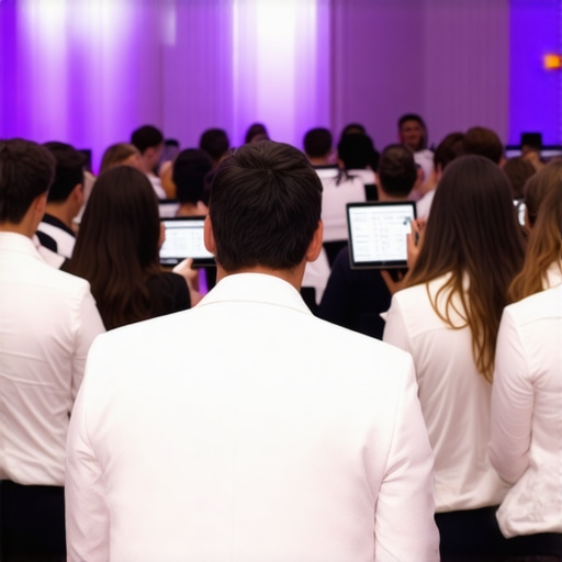 A band playing lively music at a corporate event with engaged guests.
