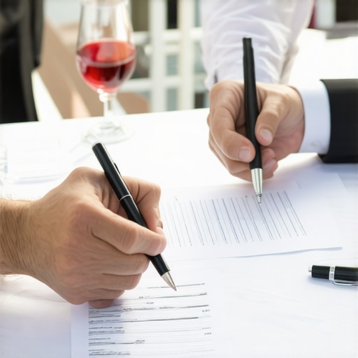 Client and caterer discussing the catering contract during negotiation, showing documents and pen on table