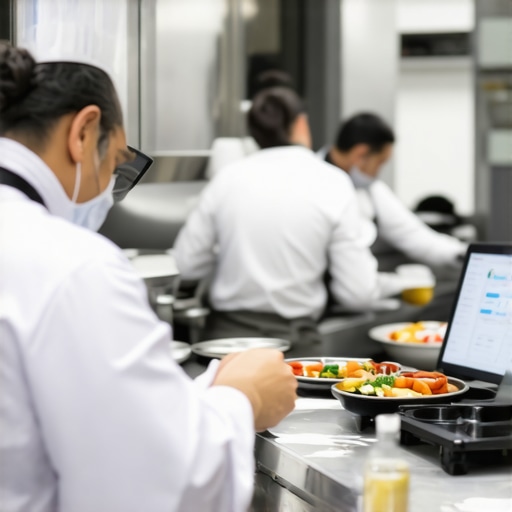 Catering staff maintaining equipment in a modern professional kitchen.