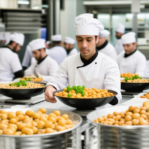 Efficient Catering Setup for a Major Event Catering staff preparing meals with professional equipment at a large event kitchen