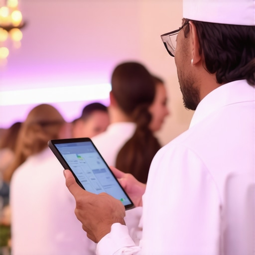 Efficient Catering Staff Using Technology Catering team managing orders with tablets during a wedding event.