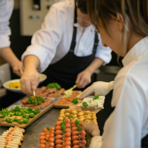 Catering staff preparing a last-minute menu with pre-cooked ingredients and organized stations.