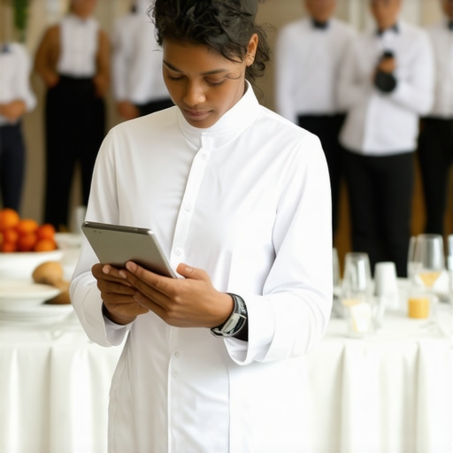 Efficient Event Coordination Tools in Action Event coordinator using digital tools to oversee catering and server operations during a large event.