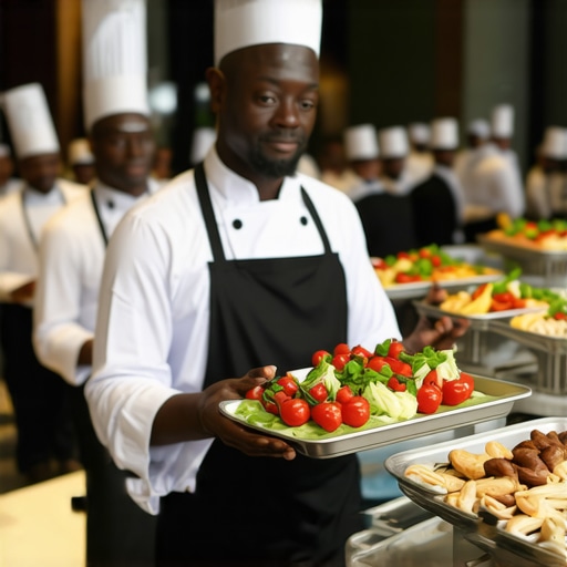 Catering team coordinating with radios and check-in using digital devices at a wedding or corporate event.