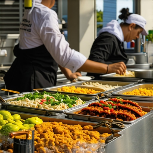 Efficient taco station setup at a corporate event A professional catering staff managing a well-organized taco station with warmers and toppings.