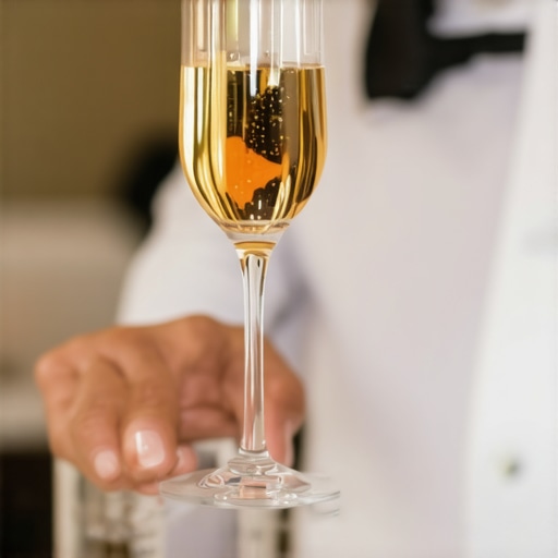 A professional server in formal attire serving champagne discreetly at a wedding reception.