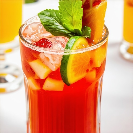 Colorful mocktail with herbs and fruit garnishes served at a stylish event table.