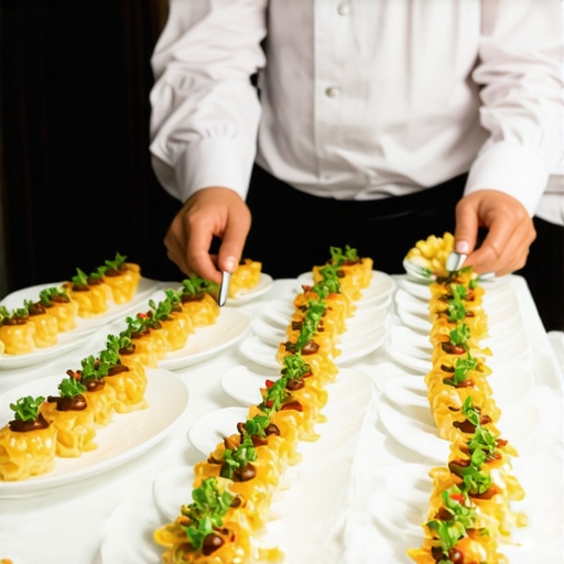 Catering staff serving small, beautifully arranged dishes at a luxury event.