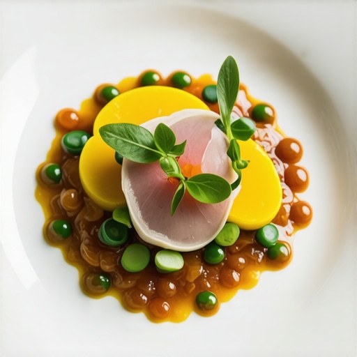 Elegant wedding dish featuring seasonal ingredients A fancy wedding plate with fresh seasonal produce and artistic presentation