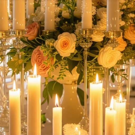Beautifully decorated wedding reception with fairy lights and floral arrangements