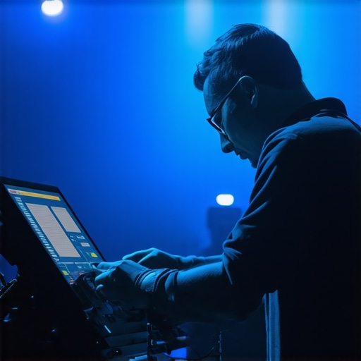 Technician inspecting lighting and sound equipment during event setup