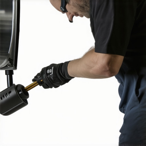 Event Equipment Maintenance Technician inspecting lighting equipment with tools during event setup.