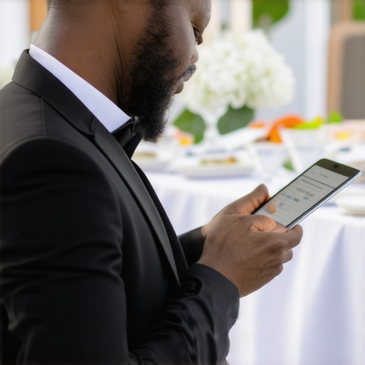 An event planner managing logistics using a tablet, illustrating the use of digital tools for seamless event execution.