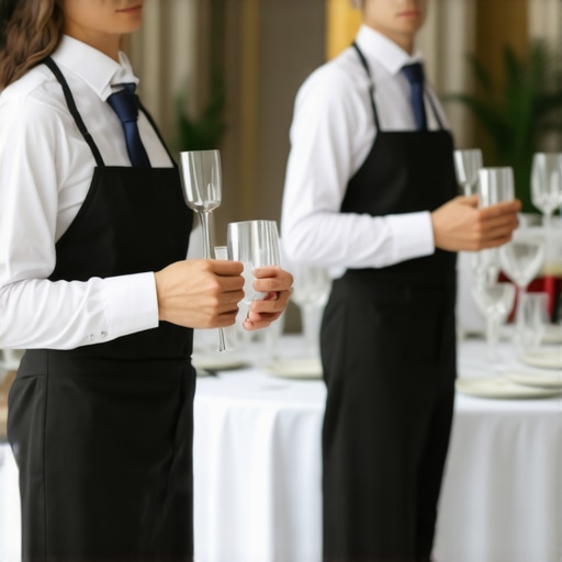 Professional servers using advanced tools at a well-lit banquet