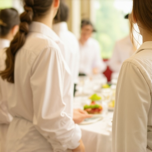 Event Staff Coordinating at a Wedding Team of caterers and staff managing food service at a wedding reception with seamless communication.