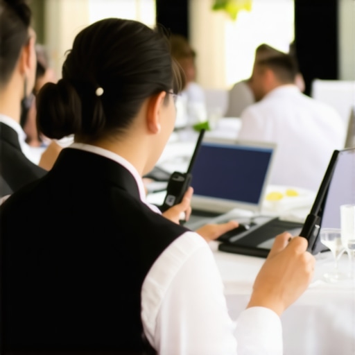 Wedding staff with radios and laptop coordinating service