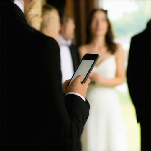 Wedding staff communicating discreetly with earpieces at a reception