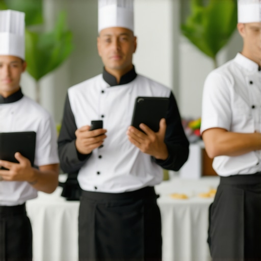 Catering staff coordinating using radios and tablets during a wedding reception.