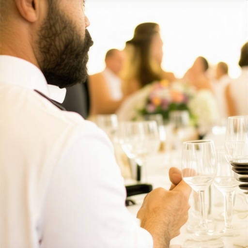 Expert Server at Wedding Reception Server providing attentive, discreet service at a wedding, showcasing nuanced guest interaction.