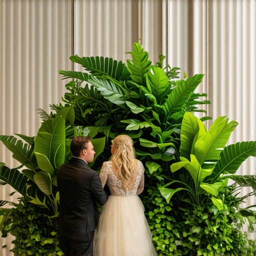 Elegant wedding ballroom with lush green plants creating separate zones