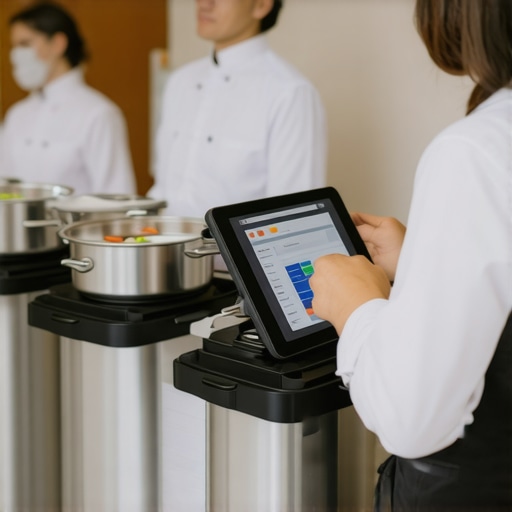 Catering staff managing warmers and digital devices during a wedding reception