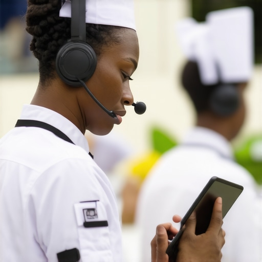 Modern catering technology in use Catering staff coordinating with wireless headsets and tablets at a wedding or corporate event.