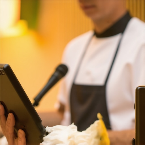 Catering staff demonstrating portable POS devices and wireless microphones at a corporate event.