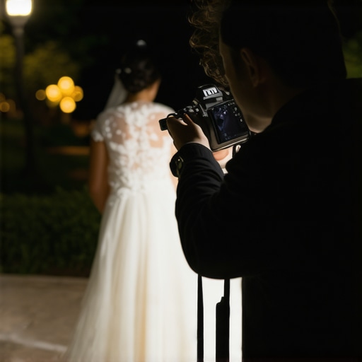 Photographer preparing camera equipment for low-light wedding shots.