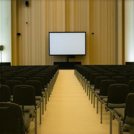 Modern corporate event venue with professional audio-visual setup and spacious layout.