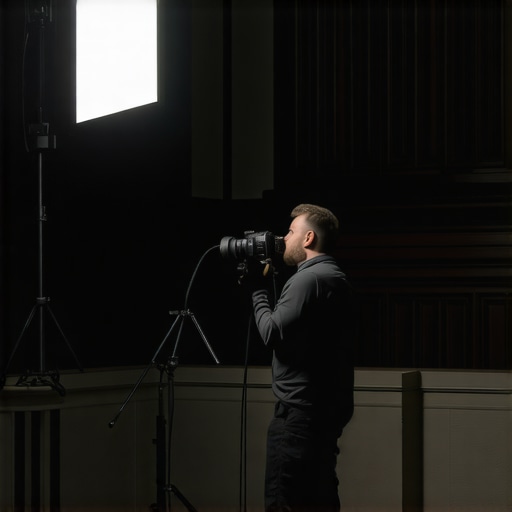 Photographer adjusting camera settings with fast lenses and diffused lighting in a historic venue