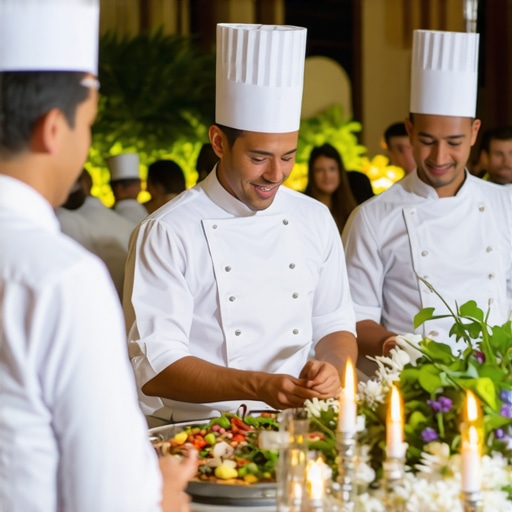 Catering staff serving food at an elegant outdoor corporate retreat