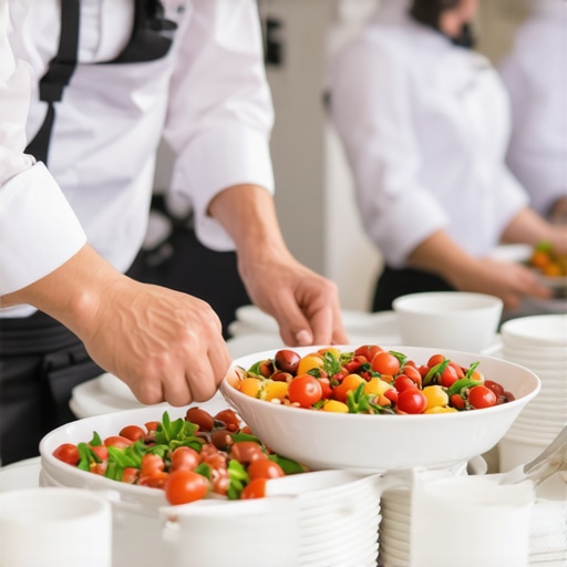 Catering staff serving guests at a wedding, showcasing teamwork and professionalism.