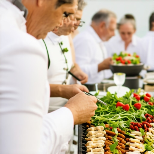 Professional catering staff at outdoor wedding Catering staff serving guests at outdoor wedding event