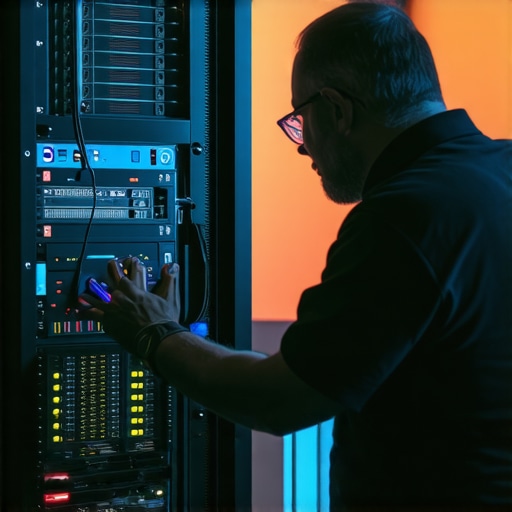 Technician installing external servers in a hotel conference room for better event connectivity.
