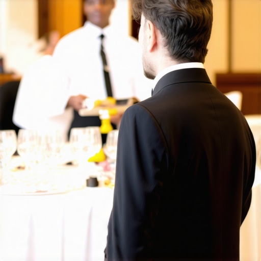 Servers practicing discreet and efficient service techniques during a training session.