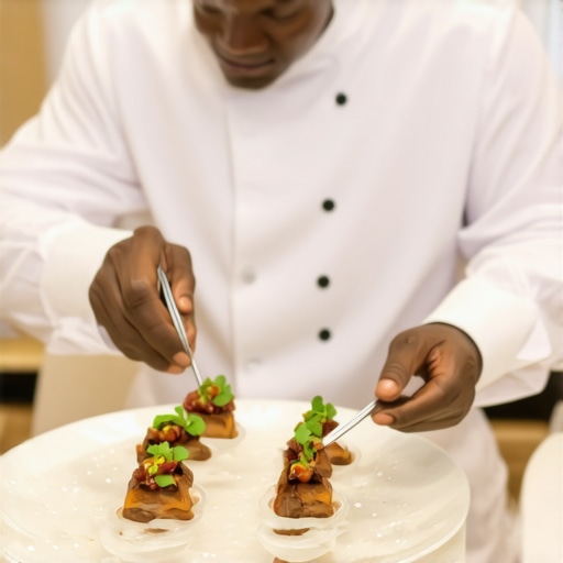Caterer carefully plating small, elegant dishes at a wedding.