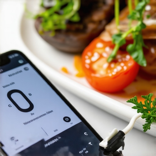 A digital Bluetooth thermometer connected to a smartphone app used by catering staff to monitor food temperature.