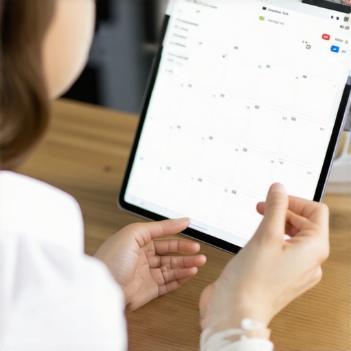 A person planning social media content on a tablet with a visible calendar app.
