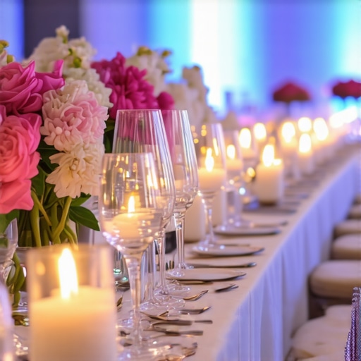 Elegant corporate event setting showcasing ambient lighting, decor, and professional servers