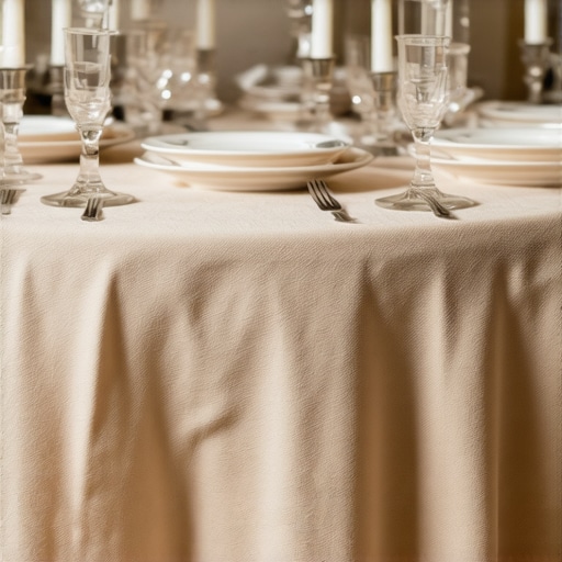 Close-up of textured linen tablecloths used in wedding venue decor.