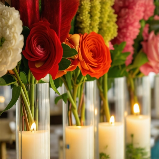 Colorful flower arrangements at eye level on wedding tables for aesthetic appeal.