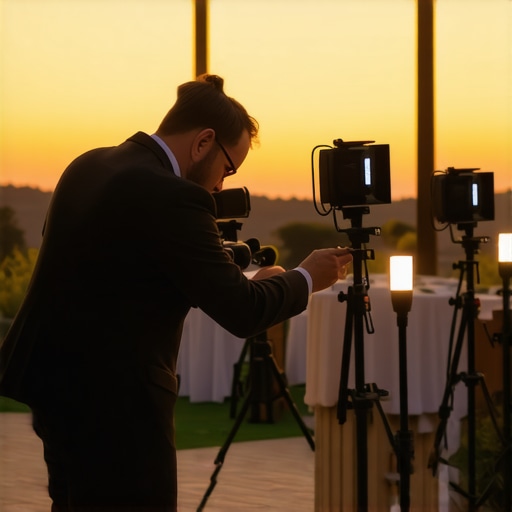 Professional setup of wedding lighting equipment at outdoor ceremony during sunset