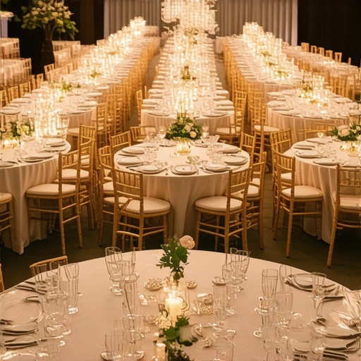 Elegant wedding reception with diverse seating setups and ambient lighting