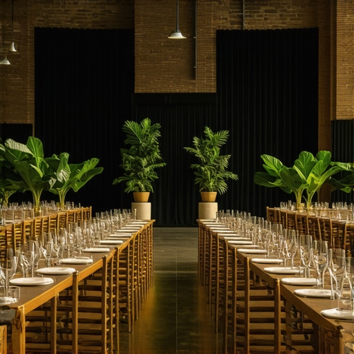 Industrial wedding venue with velvet drapes and greenery for sound dampening.